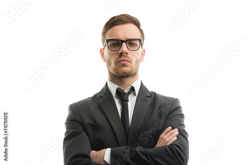 Confident Businessman in Black Suit with Arms Crossed on White Background