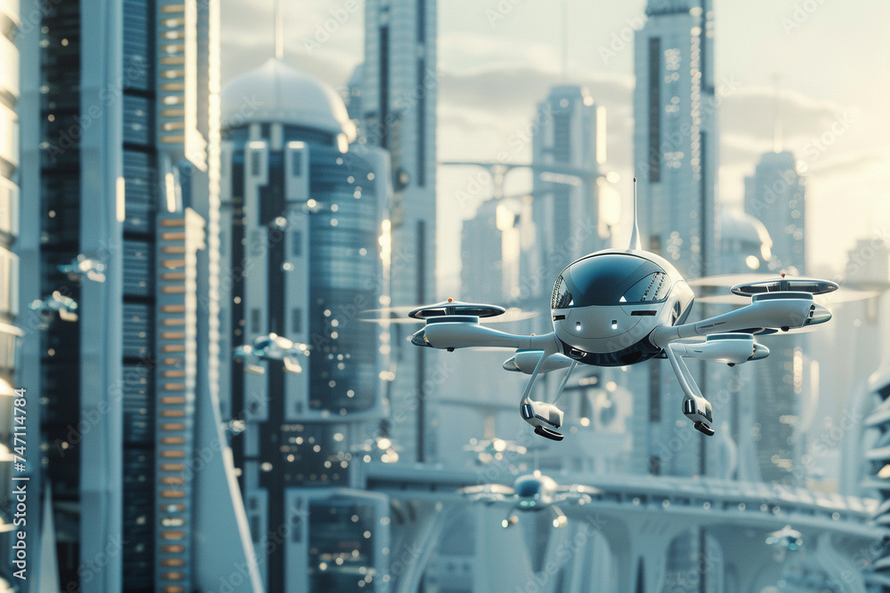 Fototapeta premium A 3D animator bringing to life a futuristic city backdrop background, filled with towering skyscrapers and flying cars, all designed with a unique, sleek aesthetic
