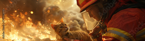 A 3D animated scene featuring a firefighter gently rescuing a frightened cat from a burning building, surrounded by a backdrop of billowing smoke and flames