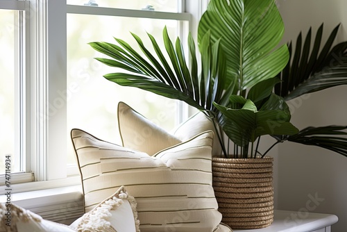 Palm Leaf Paradise: Tropical Plant Home Office Decor with Coastal Design Accents