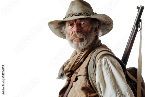 Rugged Old Hunter with Rifle Over Shoulder Wearing a Cowboy Hat