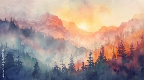 Spectacular Sunset Over Mountains and Forest with Fiery Sky
