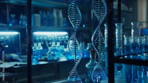 Dive into the world of genetic research with a representation of DNA strands inside a laboratory setting photo