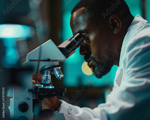 Scientist examining intricate molecules under a microscope in a laboratory setting