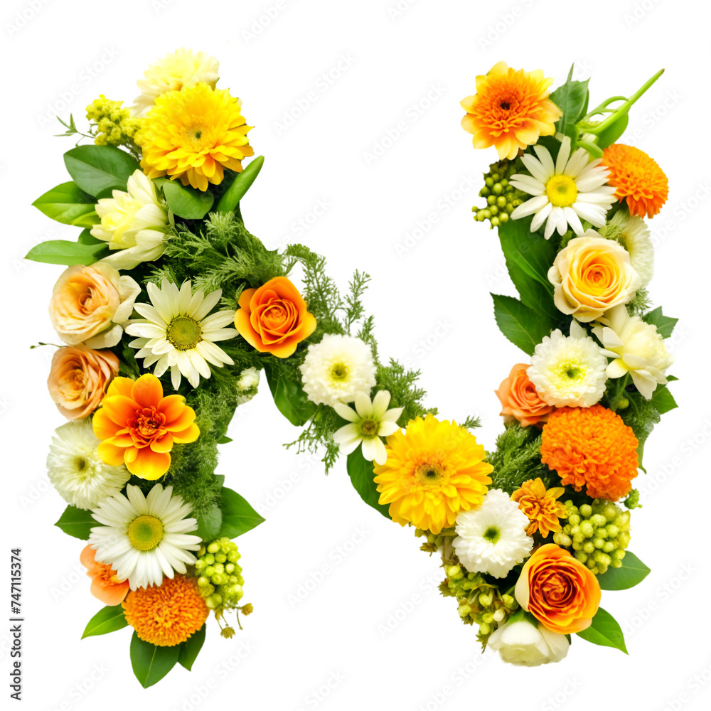 Obraz premium Floral Alphabet Letter N, Flowers Bouquet Isolated on Transparent Background