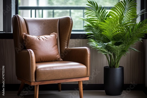Tall Fern Tropical Plant Leather Armchair Home Office Decor