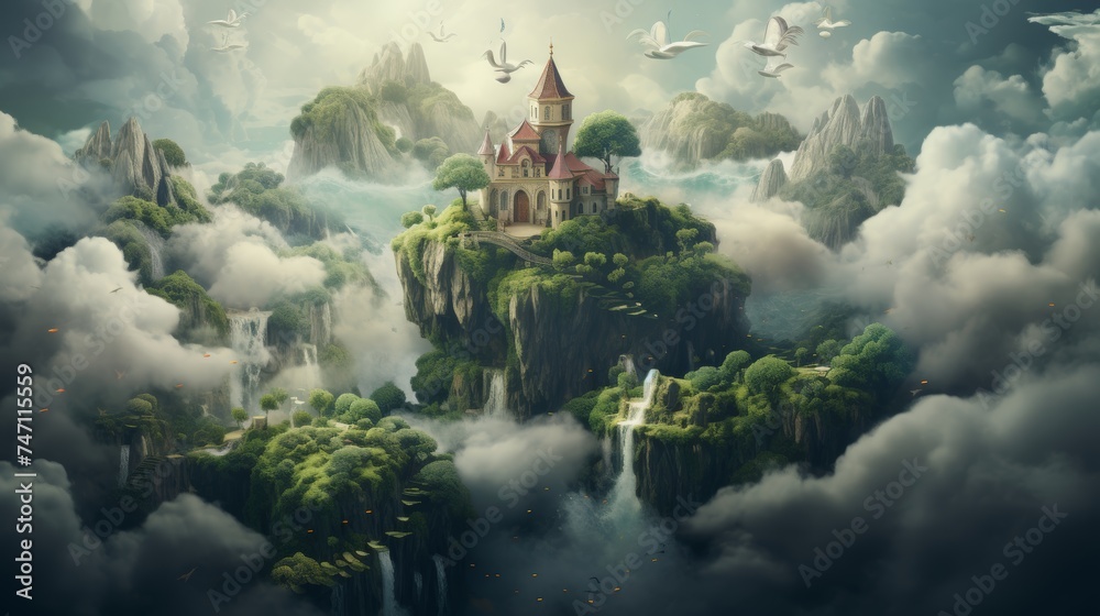 Enchanting fairy tale castle on lush hill with turrets reaching skyward under fluffy clouds - obrazy, fototapety, plakaty 