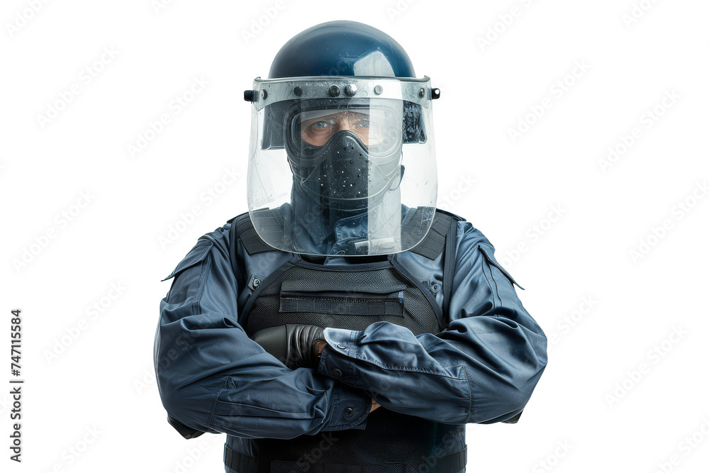 Modern Riot Police Officer in Full Gear with Helmet and Visor Isolated on White Background