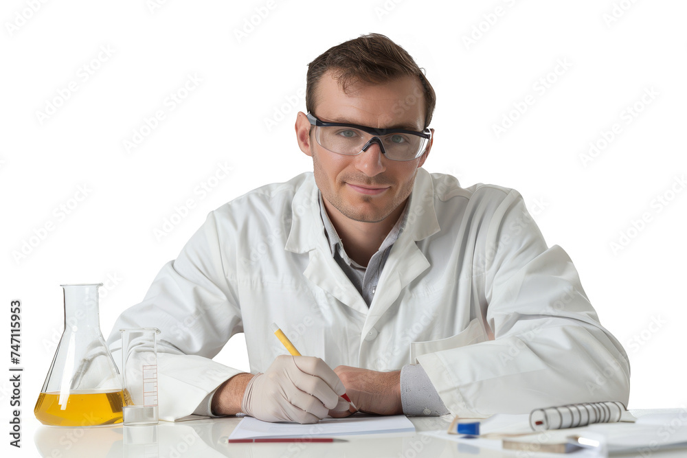 Scientist Writing Observations in Laboratory on White Background Scientist Writing Observations in Laboratory on White Background