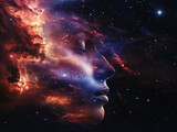 Ethereal woman's face blending into a cosmic nebula, a fantasy double exposure portrait alive with color