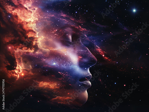 Ethereal woman's face blending into a cosmic nebula, a fantasy double exposure portrait alive with color