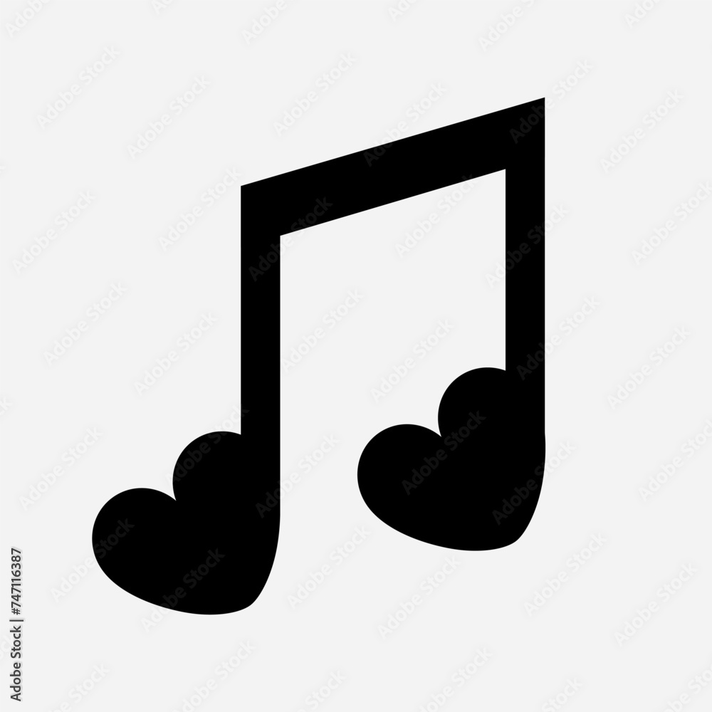 Music note icon. Heart shape sign symbol. Song, melody or tune. Black silhouette. Love greeting card, banner, invitation template. Happy Valentines Day. Flat design. White background. Isolated. Music note icon. Heart shape sign symbol. Song, melody or tune. Black silhouette. Love greeting card, banner, invitation template. Happy Valentines Day. Flat design. White background. Isolated.