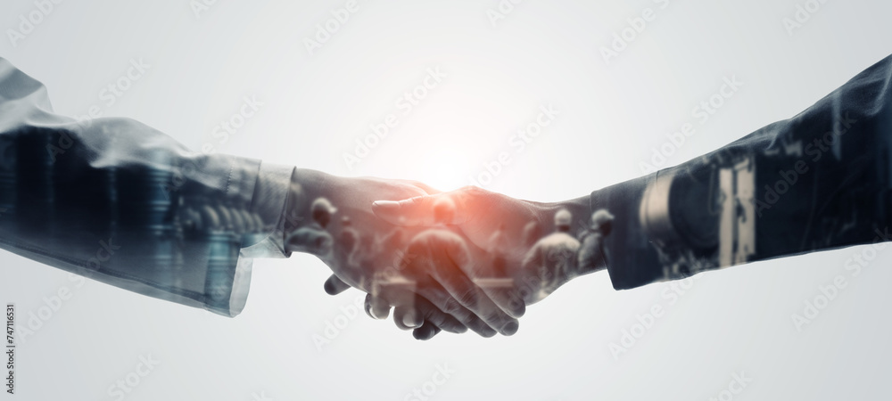 Mixed media of group of engineers shaking hands and science technology concept. Research and development. Wide angle visual for banners or advertisements. - obrazy, fototapety, plakaty 