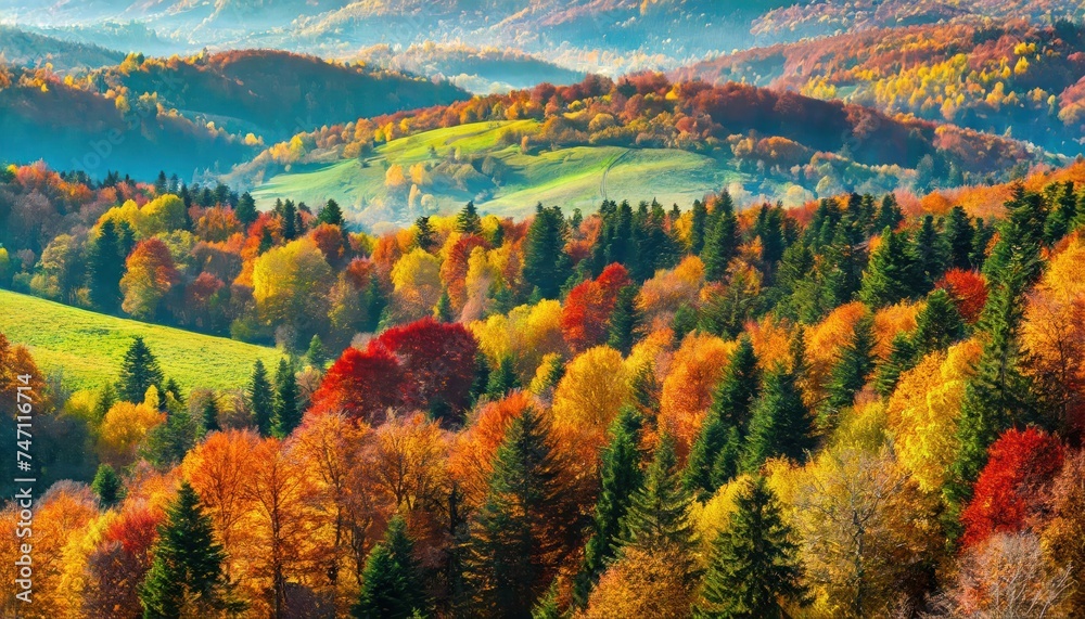 top view, Overhead colorful mixed autumn forest aerial background, made directly from above 