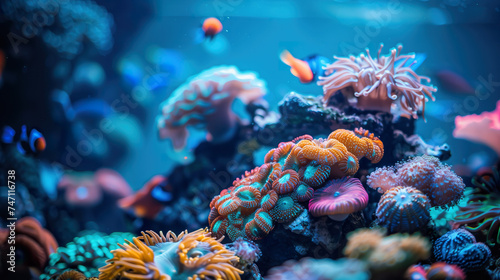 Close-up view of of diverse coral species in a vibrant reef ecosystem. 