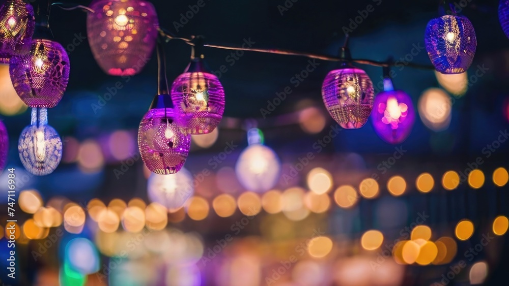 Defocused restaurant with outdoor string lights on a blurred background Defocused restaurant with outdoor string lights on a blurred background