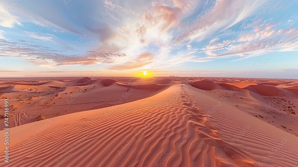 Majestic sahara desert panorama at sunset with golden sand dunes   captivating banner image