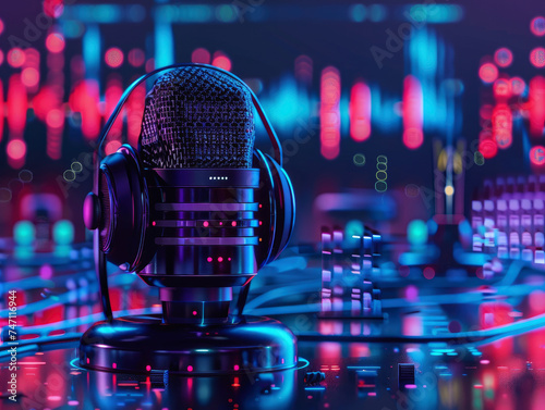Generative AI transforming podcast production, creating engaging content with synthesized voices and soundscapes photo
