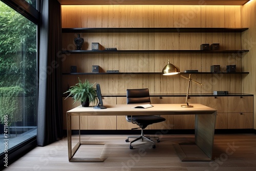 Abstract Wood Paneling and Metal Table: Urban Industrial Home Office Designs