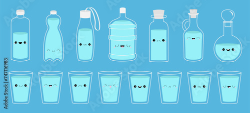 Drink water. Glass cup of water  bottle icon set. Cork  plug  decanter  carafe. Steal Aqua drop. Cute cartoon kawaii funny character. Different face emotion. Eyes  mouth. Flat design. Blue background.