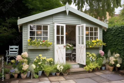 painted garden shed in small English town house garden with pots of flowers