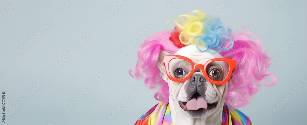 playful dog in colorful wig and joker outfit dress for an April fool day