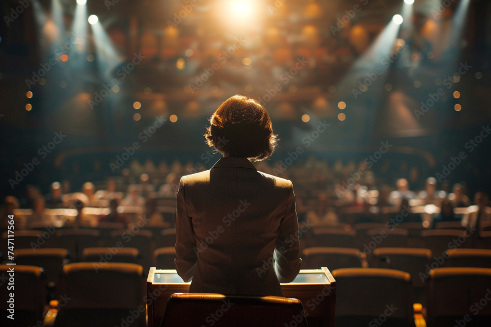 A lone businesswoman stands confidently at a podium addressing a large audience in a dimly lit auditorium The corporate business meeting conveys a sense of power and authority with the A lone businesswoman stands confidently at a podium addressing a large audience in a dimly lit auditorium The corporate business meeting conveys a sense of power and authority with the
