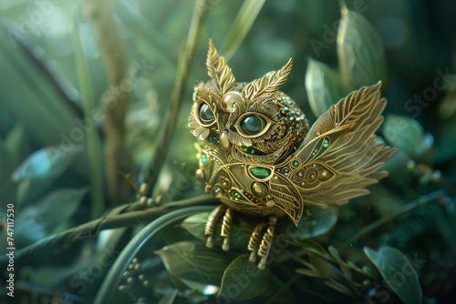 A gold necklace transformed into a whimsical creature its intricate details forming eyes wings and a playful expression The creature sits perched on a delicate finger amidst a magical forest