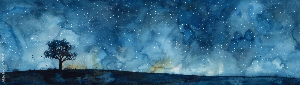 Tranquility fills the air in a dreamy watercolor scene depicting a starry night sky, with a lone tree silhouette adding depth and serenity to the enchanting celestial landscape. Tranquility fills the air in a dreamy watercolor scene depicting a starry night sky, with a lone tree silhouette adding depth and serenity to the enchanting celestial landscape.