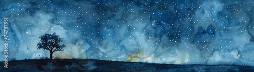 Tranquility fills the air in a dreamy watercolor scene depicting a starry night sky  with a lone tree silhouette adding depth and serenity to the enchanting celestial landscape.