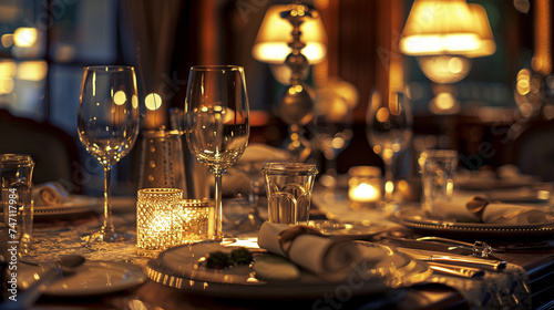 An elegant dinner setting with fine dining tableware gourmet dishes and sophisticated decor set against the backdrop of a refined dimly lit dining room