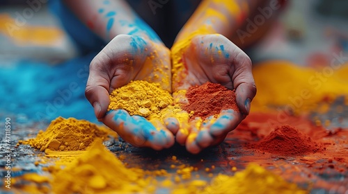 Vibrant Holi Powder in Hands Close-up of Colorful Holi Celebration Details
