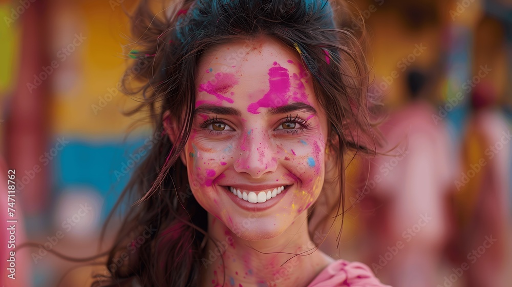 Joyous Woman with a Playful Smile Covered in Holi Festival Colors
