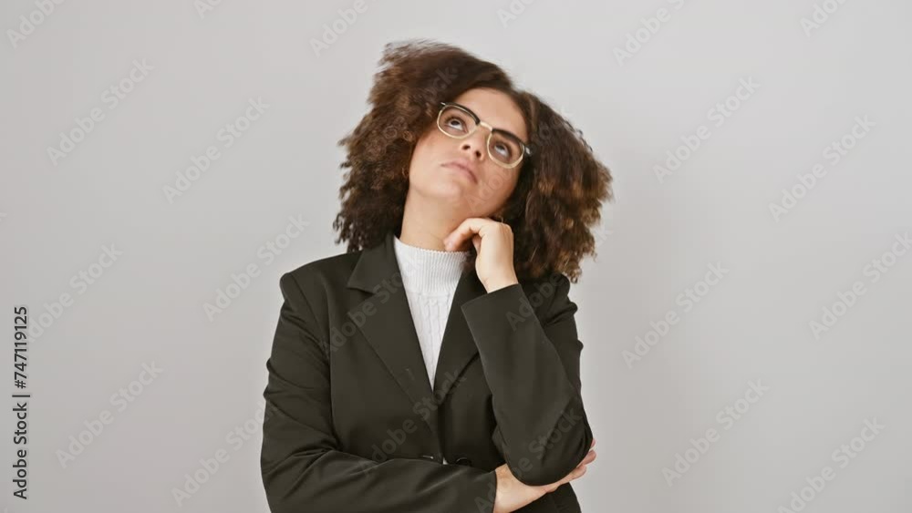 Tired-looking, bored hispanic woman with curly hair, standing in deep thought over her depression issues, arms crossed on a stark white isolated background Tired-looking, bored hispanic woman with curly hair, standing in deep thought over her depression issues, arms crossed on a stark white isolated background