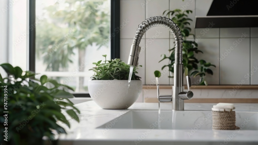 Kitchen faucet with a sink and natural green plant in a modern kitchen Kitchen faucet with a sink and natural green plant in a modern kitchen