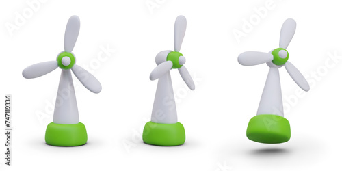 Set of realistic wind turbines in different positions. Equipment for processing natural wind energy