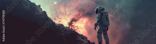 Space explorer standing on an asteroid, gazing at a nebula, contemplating the vastness