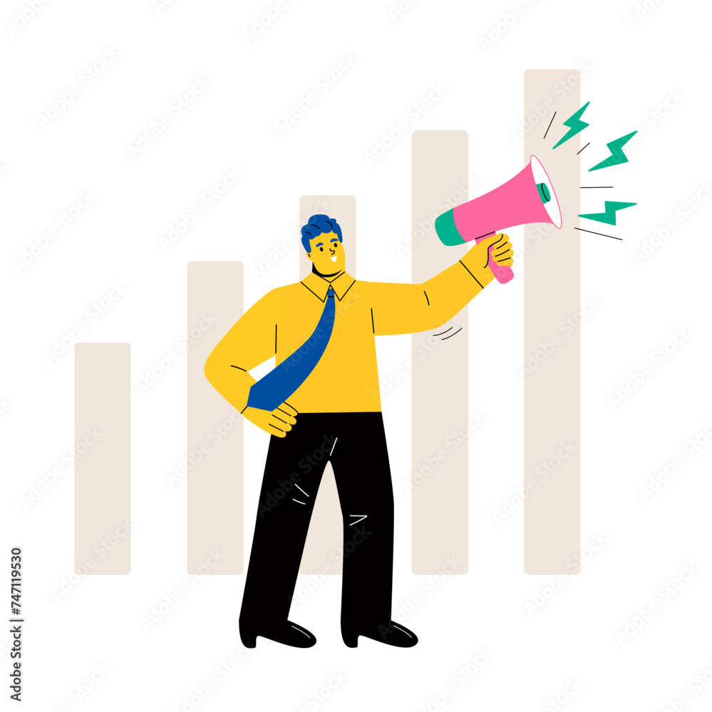 Business man use megaphone benchmark. Cost unit. Quality time. Flat vector illustration isolated on white background Business man use megaphone benchmark. Cost unit. Quality time. Flat vector illustration isolated on white background