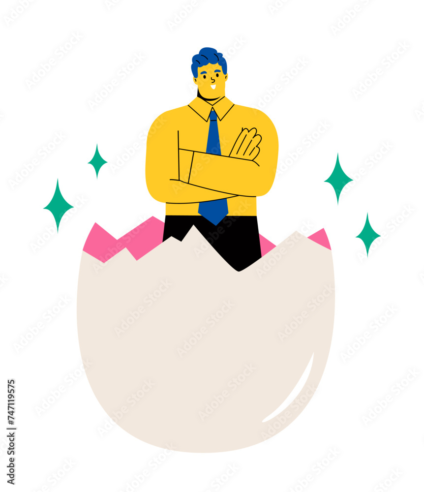 New business concept. Business man stands in eggshell. Flat vector illustration isolated on white background New business concept. Business man stands in eggshell. Flat vector illustration isolated on white background