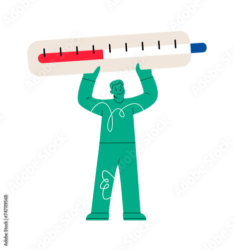 Man holding a big thermometer. Colorful vector illustration