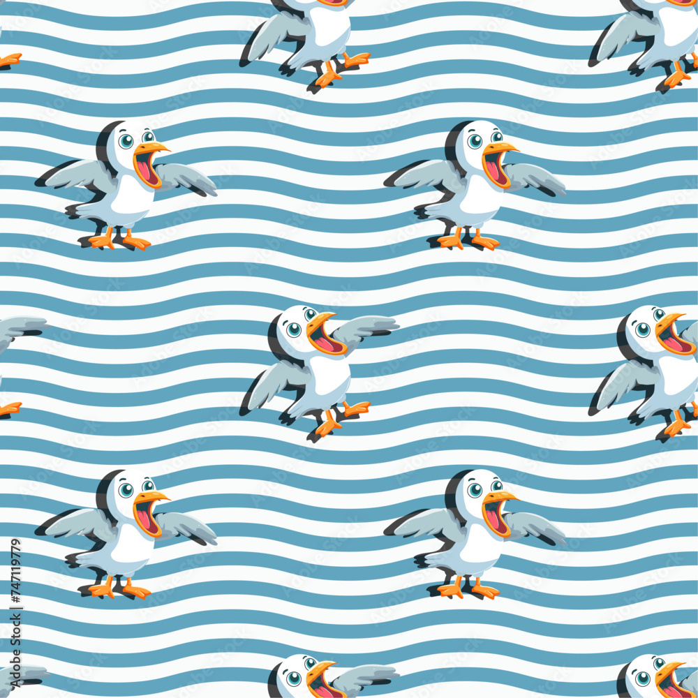 Fototapeta premium Vector pattern Seagull screaming, bright, sea bird, cartoon