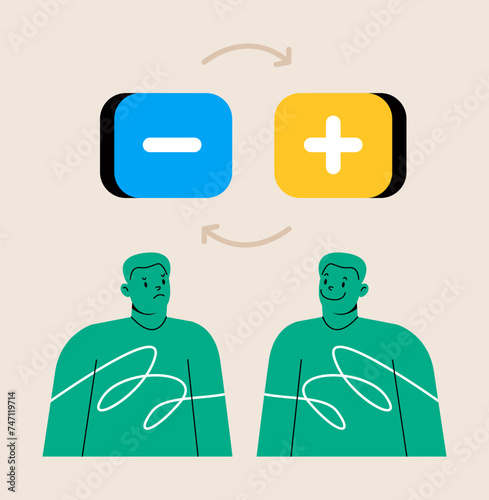 Bipolar disorder. Man suffers from mood swings. Colorful vector illustration