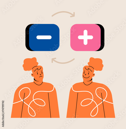 Bipolar disorder. Woman suffers from mood swings. Colorful vector illustration