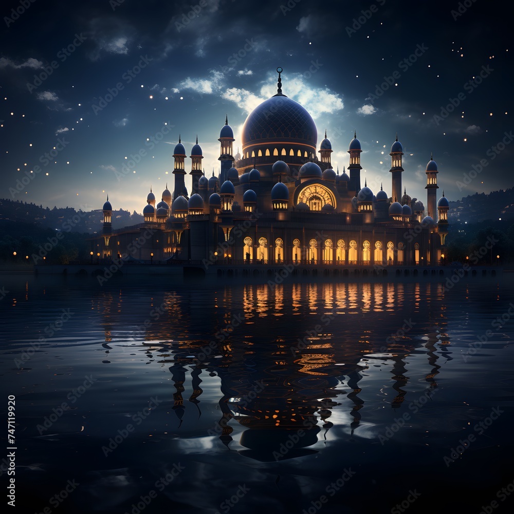 Fototapeta premium mosque near a body of water, its architectural details illuminated under the moonlight