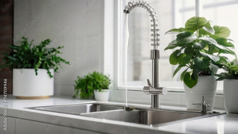 Kitchen faucet with a sink and natural green plant in a modern kitchen