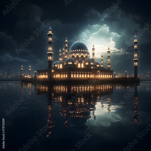mosque near a body of water, its architectural details illuminated under the moonlight