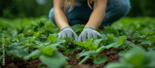 Gardener tending to cucumber plants, close-up on gloved hands amidst vibrant green leaves, in a garden bed.