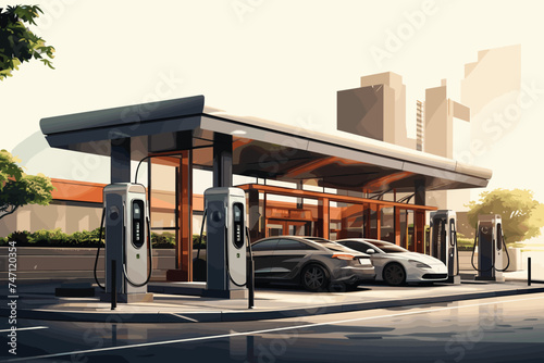 Electric modern car near Electric car charging station. power supply plugged into an vehicle. 3d rendering.