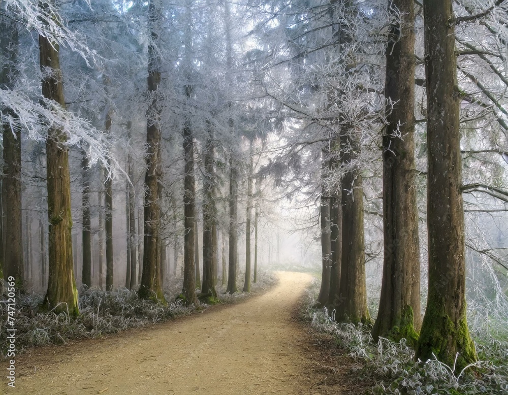 Road through a frosty winter forest, Aargau, Switzerland Road through a frosty winter forest, Aargau, Switzerland
