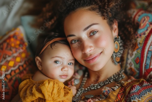 Mother and baby, affectionate gaze, ethnic jewelry, patterned textiles, bonding, homely, warm colors, cultural attire.